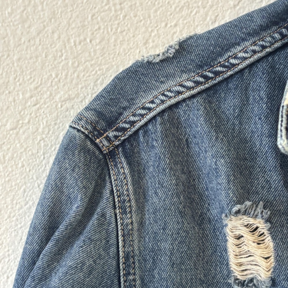 Free People We the Free Long & Lean Distressed Denim Jacket XS Oversized Trucker - Picture 6 of 14